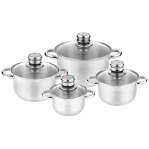 Florina Pablo Batería de Cocina Acero Inoxidable, 8 Piezas, Inducción, 4 Cacerolas, 4 Tapas de Cristal con Termómetro, Apta Para Todo Tipo de Cocinas, Apta Lavavajillas