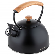 Florina Wooden Tetera con Silbato, Hervidor de Agua Retro, Inducción, Vitrocerámica, Todo Tipo de Cocinas, 2,3 L, Acero Inoxidable, Mango Madera Tacto Frío, Diseño Vintage, Negro