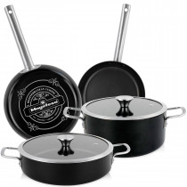 Magefesa Ares Batería Cocina Inducción 6 Piezas, Antiadherente Libre PFOA Esmalte Exterior Negro Mate, Set Cazuelas Tapa Vidrio, Sartenes, Herrajes Inox Satinados, Retro Estilo Vintage