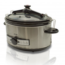 MPM MWO-01M Olla cocción lenta programable 6,5 litros, cubeta cerámica ovalada libre PFOA y PTFE, 3 niveles temperatura, tapa cristal, Slow Cooker acero inoxidable