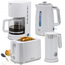 briebe Elegance Set Tostadora Pan Ranura Ancha 2 Rebanadas + Hervidor Agua 1,7L Inalámbrico 2200W Libre BPA + Cafetera Goteo Filtro 10 Tazas 1,25L + Espumador de Leche Eléctrico, Blanco 