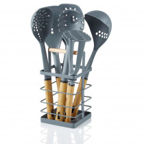 Swan Nordic Utensilios Cocina de Nylon 6 Piezas, Cesto + Juego de Utensilios Antiadherentes con Mango Efecto Madera, Libre de BPA, Espátula, Cucharón, etc Resistentes al Calor, Gris