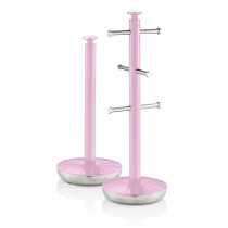 Swan Retro Set Porta Rollos Papel de cocina + Soporte para 6 Tazas Café o Té, Acero Inoxidable Alta Calidad Estables y Duraderos, Diseño Vintage, Rosa