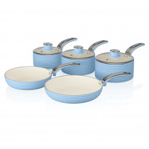 Swan Retro SWPS5020BLN Batería Cocina Inducción 5 Piezas, 3 Cazos + 2 Sartenes, Aluminio Prensado, Antiadherente Cerámica sin PFOA y PTFE, Tapas Vidrio, Apta para todas las Cocinas, Vintage, Azul