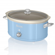 Swan SF17031BLN Olla Cocción Lenta Retro 6,5L Recipiente Extraíble, Antiadherente Cerámica libre PFOA y PTFE, 3 Niveles Temperatura, Tapa Vidrio, Slow Cooker, Diseño Vintage, Azul