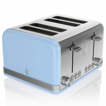 Swan Retro ST19020BLN Tostadora Pan Ranura Ancha 4 Rebanadas, Diseño Vintage, 3 Funciones: Descongelación, Recalentamiento, Cancelación, Regulador 6 Niveles de Tostado, Acero Inoxidable, Azul, 1600W