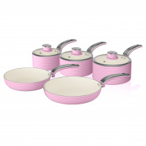 Swan SWPS5020PN Retro Batería Cocina 5 Piezas,3 Cazuelas + 2 Sartenes, Aluminio Prensado, 3mm, Inducción, Antiadherente Cerámica libre PFOA y PTFE, Apta para todas las Cocinas, Vintage, Rosa