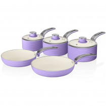 Swan SWPS5020PURN Retro Batería Cocina 5 Piezas,3 Cazuelas + 2 Sartenes, Aluminio Prensado, 3mm, Inducción, Antiadherente Cerámica libre PFOA y PTFE, Apta para todas las Cocinas, Vintage, Morado