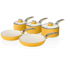 Swan SWPS5020YELN Retro Batería Cocina 5 Piezas,3 Cazuelas + 2 Sartenes, Aluminio Prensado, 3mm, Inducción, Antiadherente Cerámica libre PFOA y PTFE, Apta para todas las Cocinas, Vintage, Amarillo