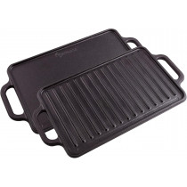 Victoria Plancha Cocina Hierro Fundido Curado Inducción Parrilla Doble Reversible 33 X 21cm para Fuego, Barbacoa, Horno, Vitrocerámica, Gas, Curada para Crear Antiadherente Libre de Tóxicos sin PTFE
