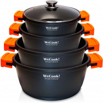 WECOOK! EcoChef Titanio Batería Cocina Inducción 8 Piezas, Aluminio Fundido, 4 Ollas, Antiadherente QuanTanium + Piedra sin PFOA, Set Cazuelas Tapas Cristal, Asas Silicona, Vitrocerámica, Gas