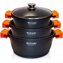 WECOOK! EcoChef Titanio Batería Cocina Inducción 6 Piezas, Aluminio Fundido, 3 Ollas, Antiadherente QuanTanium + Piedra sin PFOA, Set Cazuelas Tapas Cristal, Asas Silicona, Vitrocerámica, Gas