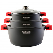 WECOOK! Ecostone Batería Cocina Inducción 6 Piezas, Aluminio Fundido 5mm, 3 Ollas, Antiadherente XTRA DUPON sin PFOA, Set Cazuelas Tapas Cristal, Asas Silicona, Vitrocerámica, Gas, Stone3 