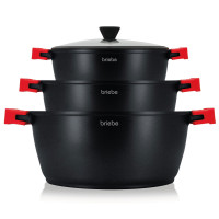 briebe Black Titanium Batería Cocina Inducción 6 Piezas Antiadherente Titanio, Juego 3 Ollas Aluminio Fundido sin PFOA, Set Cazuelas Tapas Cristal, Asas Silicona Extraíbles, Vitrocerámica, Gas, Horno