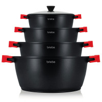 briebe Black Titanium Batería Cocina Inducción 8 Piezas Antiadherente Titanio, Juego 4 Ollas Aluminio Fundido sin PFOA, Set Cazuelas Tapas Cristal, Asas Silicona Extraíbles, Vitrocerámica, Gas, Horno