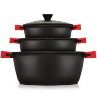 briebe Black Titanium Batería Cocina Inducción 6 Piezas Antiadherente Titanio, Juego 3 Ollas Aluminio Fundido sin PFOA, Set Cazuelas Tapas Cristal, Asas Silicona Extraíbles, Vitrocerámica, Gas, Horno