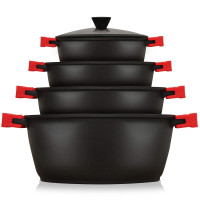 briebe Black Titanium Batería Cocina Inducción 8 Piezas Antiadherente Titanio, Juego 4 Ollas Aluminio Fundido sin PFOA, Set Cazuelas Tapas Cristal, Asas Silicona Extraíbles, Vitrocerámica, Gas, Horno