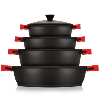briebe Black Titanium Batería Cocina Inducción 8 Piezas Antiadherente Titanio, Juego 4 Ollas Aluminio Fundido sin PFOA, Set Cazuelas Tapas Cristal, Asas Silicona Extraíbles, Vitrocerámica, Gas, Horno