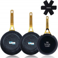 briebe Gold Titanium Juego de 3 Sartenes Antiadherentes Inducción Titanio 18-20-24cm, Aluminio Forjado Recubrimiento sin PFOA, Mango Profesional Acero Inox, Vitrocerámica, Gas, 3 Protectores