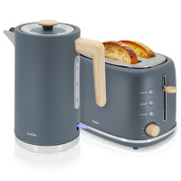 briebe Nordic Set Tostadora Pan Ranura Ancha 2 Rebanadas, 6 Niveles Tostado + Hervidor  Agua Eléctrico 1,7L Inalámbrico, 2200W Ebullición Rápida, Libre BPA, Pack Desayuno Diseño Nórdico, Gris