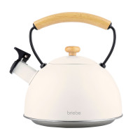 briebe Nordic Tetera Inducción Silbante 2,3L, Infusiones, Hervidor de Agua Acero Inoxidable, Todo Tipo de Cocinas, Vitrocerámica, Gas, Mango Madera Tacto Frío, Tea Pot,  Blanco