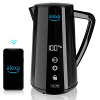 Swan Alexa Hervidor Agua Eléctrico Inteligente WIFI Smart Kettle 1,5L, Inalámbrico, Pantalla LED Táctil, Función Mantener Caliente, Pared Aislada Acero Inoxidable, 1800W, Negro, SK14650BLKNEU 