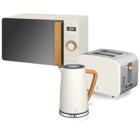 Swan Nordic Set Desayuno Hervidor de agua 1,7L 2200W, Tostadora Pan ranura ancha 2 rebanadas, Microondas 20L digital, diseño moderno, efecto madera, blanco