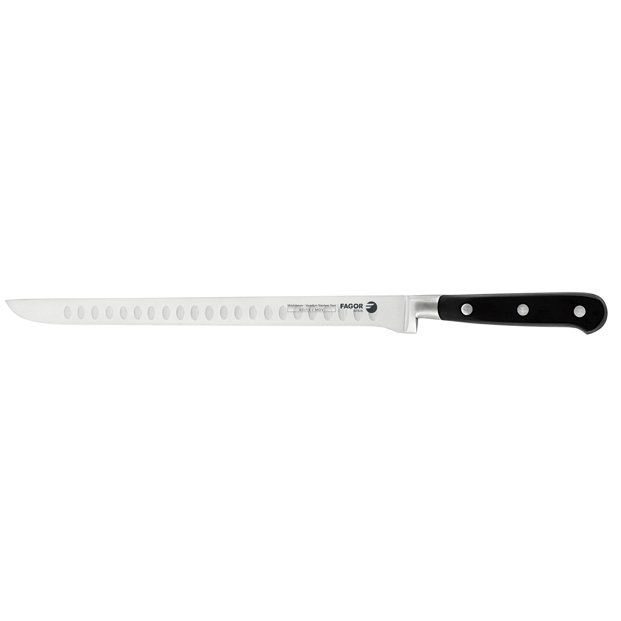 Fagor Couper Cuchillo Cocina Profesional Jamonero con Punta 27,5 cm Hoja Acero Inoxidable Grosor 2 mm, para Cortar Finas Lonchas de Jamón, Mango Ergonómico