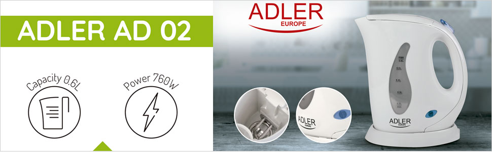 Adler AD 02 - Hervidor de Agua eléctrico pequeño 0,6 litros libre de BPA