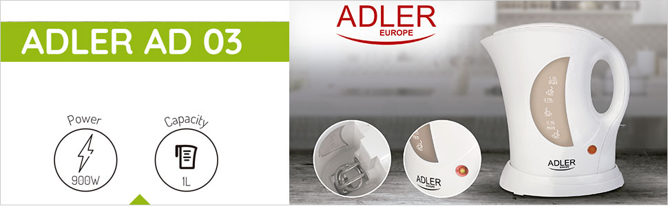 Adler AD 03 - Hervidor de Agua eléctrico pequeño 1 litros libre de BPA, 900W