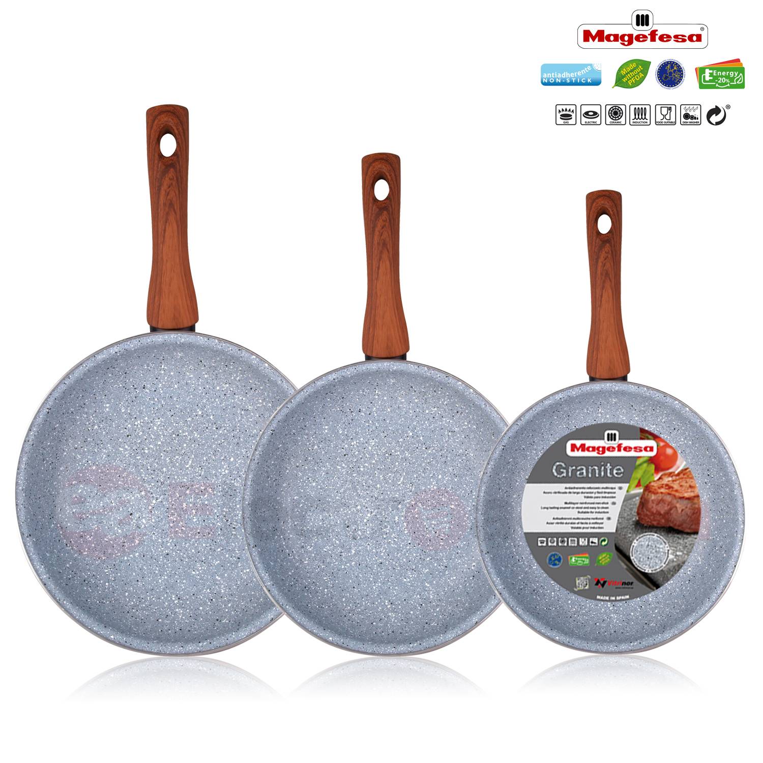 Juego 3 sartenes antiadherente induccion 20 24 28 granito Juego de sartenes antiadherentes con tapa y 3 sartenes de