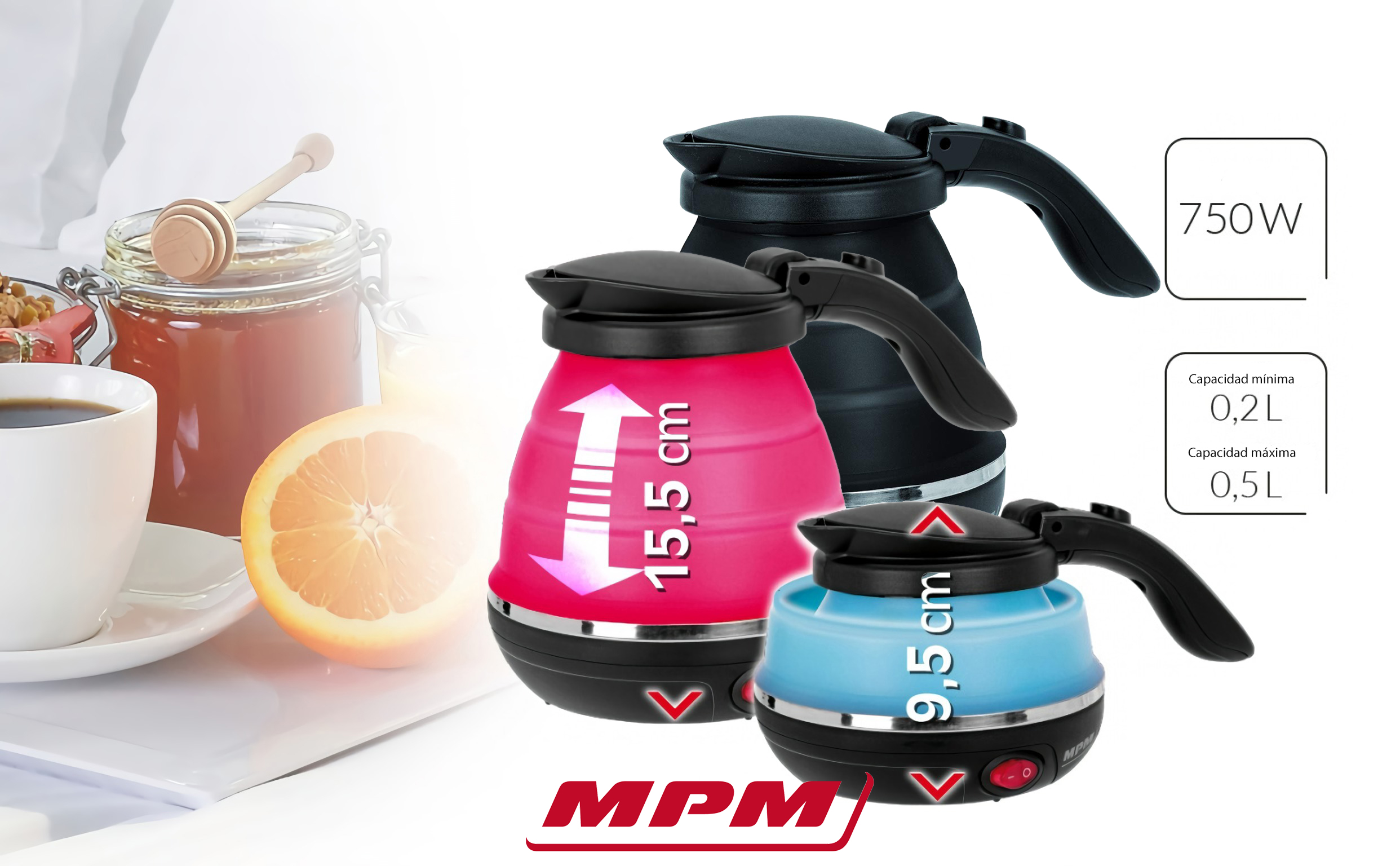 MPM MCZ-73/N Hervidor de Agua Eléctrico Plegable, Resistencia Ociulta, Tapa automática, Silicona, 0,5 Litros, 750W, Libre de BPA, Azul