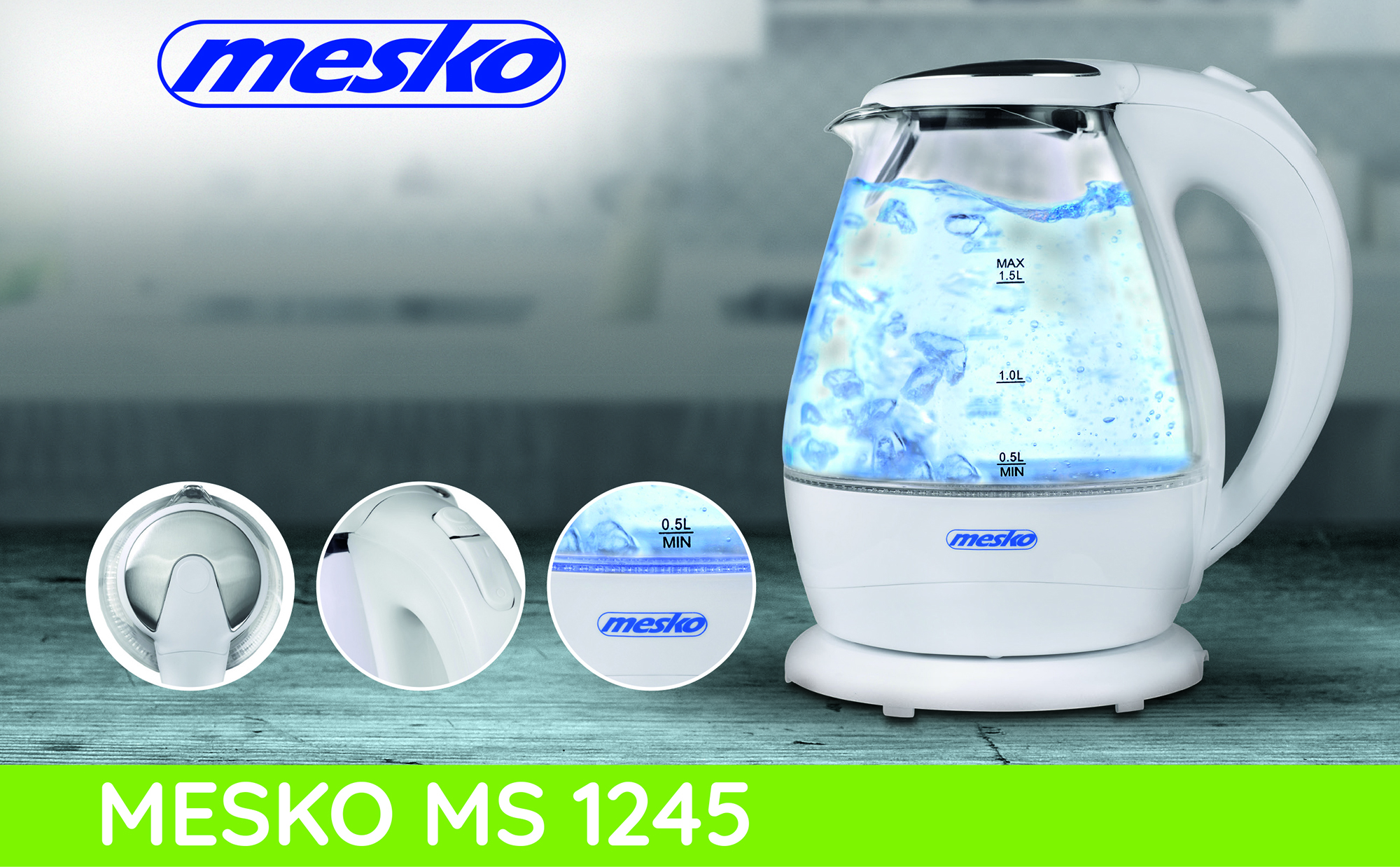 MESKO MS-1245 Hervidor de agua eléctrico cristal 1,5 litros, Resistencia oculta, 2200 W con apagado automático, inalámbrico 360º sin cable