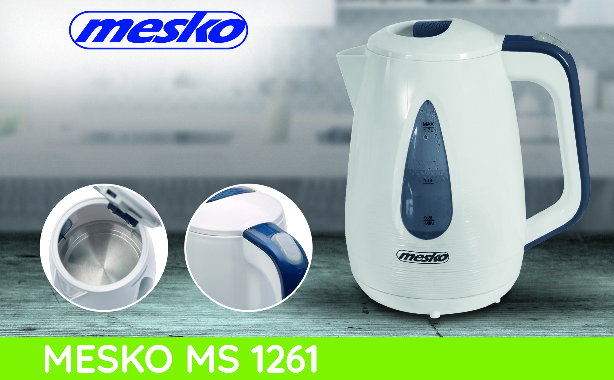 MESKO MS-1261 Hervidor De Agua Eléctrico Inalámbrico. 1,7 Litros, Filtro Anti cal, Base 360º, Protección en Seco, 2200 W, Blanco