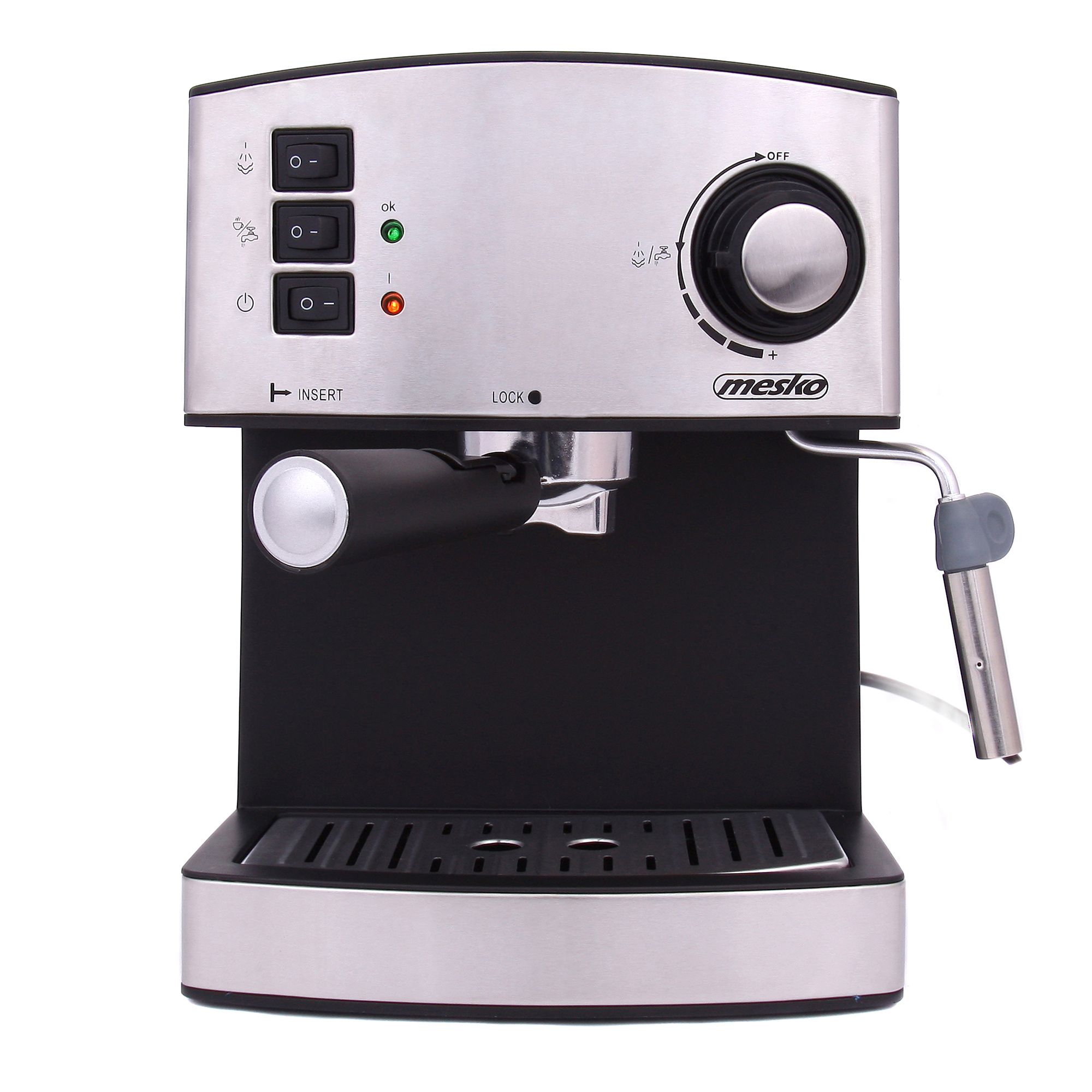 Mesko MS 4403 Cafetera Expreso manual 15 bares, depósito 1,6L, brazo doble salida, vaporizador para espumar leche, calienta tazas, cuerpo acero inoxidable 850W