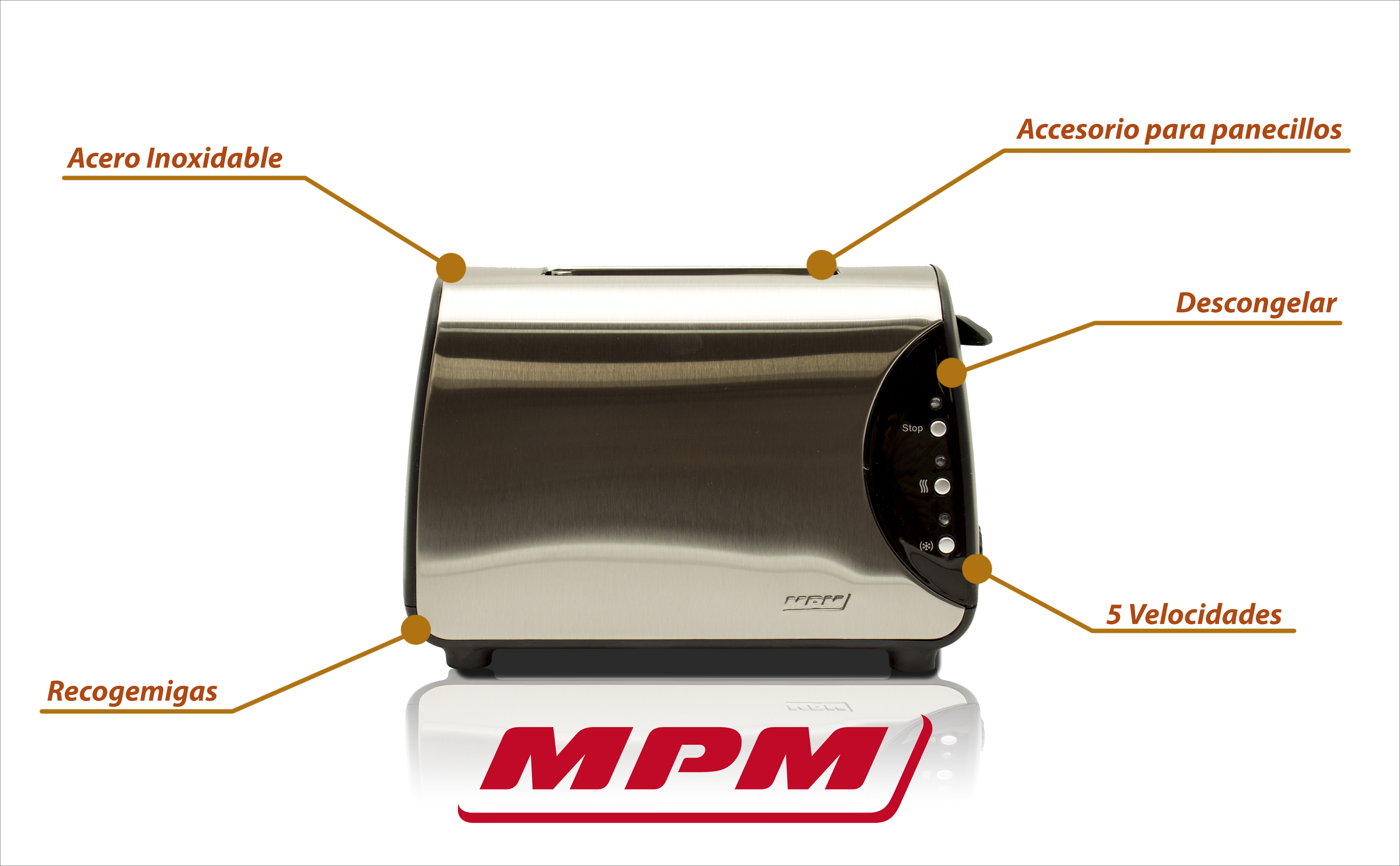 MPM BH-8863 Tostadora pan acero inoxidable,  2 Ranuras, 3 Funciones, tostar, Calentar y descongelar, 850 W, regulador de Nivel de Tostado, calienta panecillos o bolleria