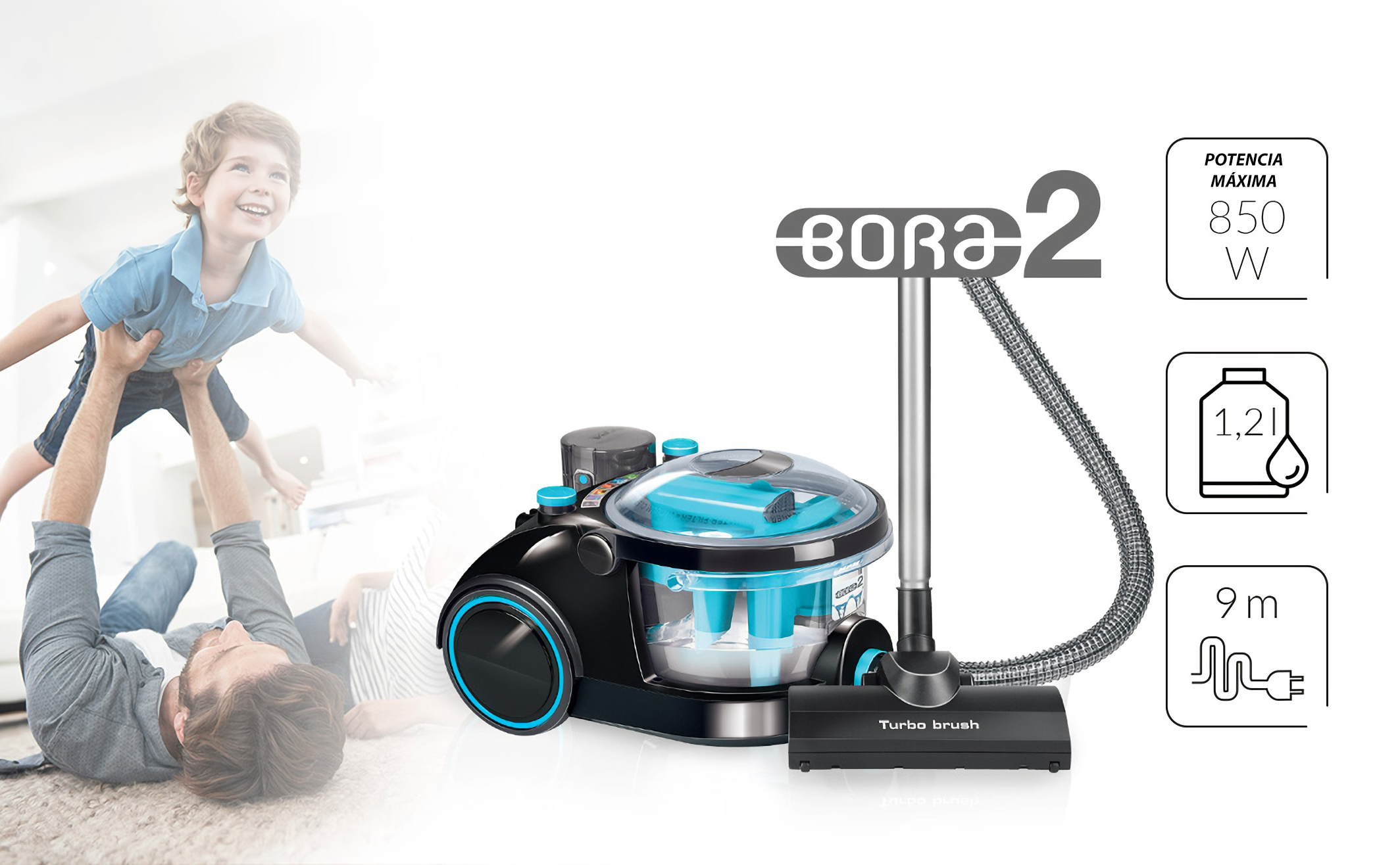 MPM Bora 2 Aspirador sin Bolsa para Sólidos y Líquidos, Filtrod de Agua, 7 Accesorios, Contenedor de 1,2L, Filtro Hepa 13, 9 metros, 850W