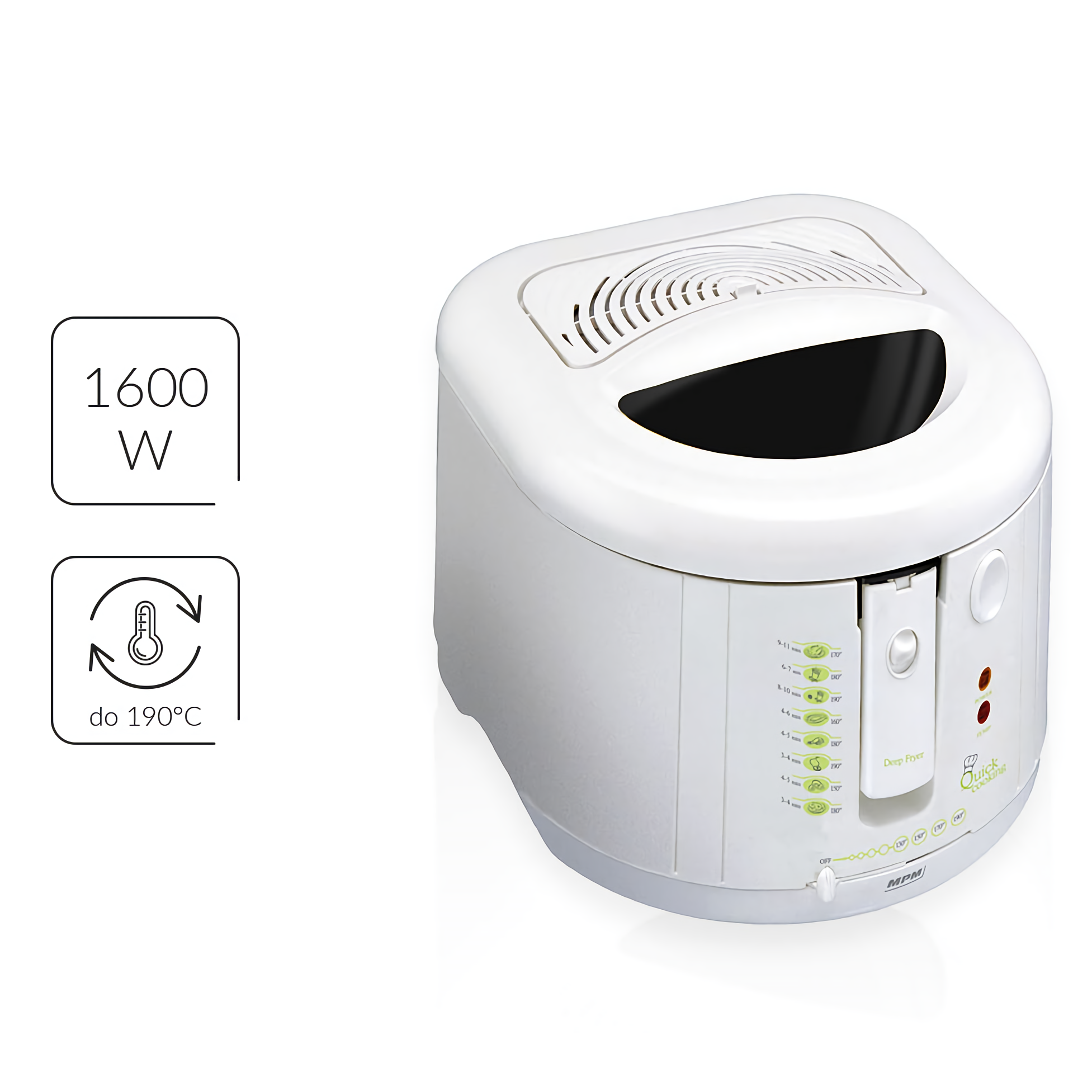 MPM DF-802 Freidora eléctrica compacta 1,9 litros cubeta desmontable lavable antiadherente regulador hasta 190°C, libre BPA, 1600W