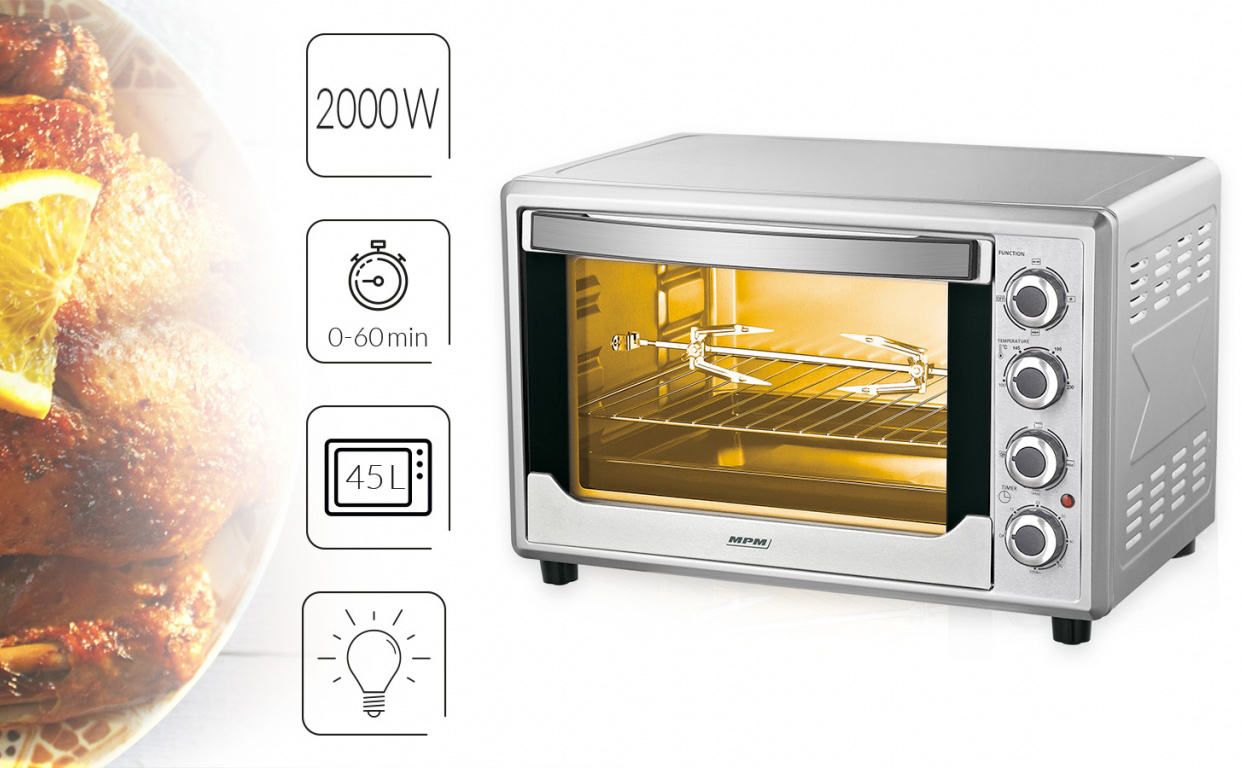 MPM MPE-08/T Horno Eléctrico de Sobremesa Convección 45 Litros, Acero  Inoxidable, Asador de pollo, Puerta Doble Cristal, 5 Modos de Calor,  Temporizador, Ajuste de Temperatura, 2000W