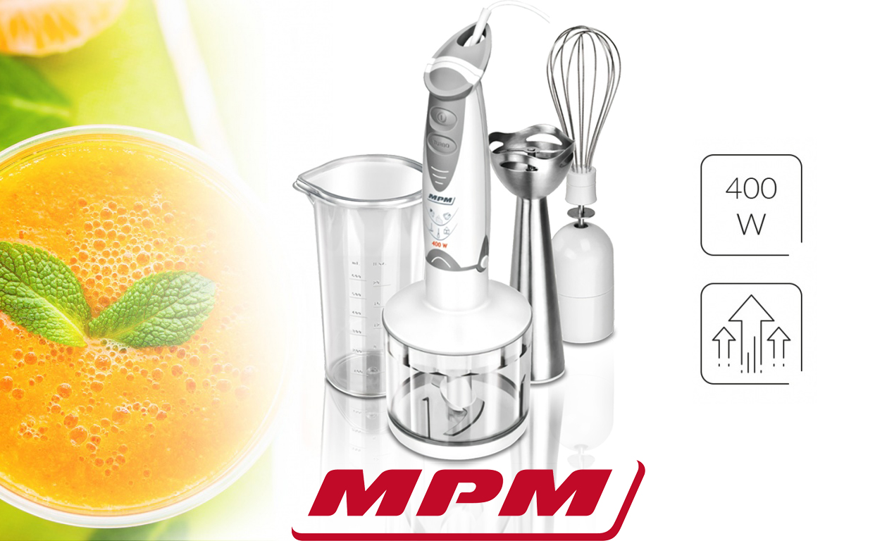 MPM MBL-03 Set Batidora de Mano Picadora y Varillas, con Accesorios, Acero Inoxidable, Función Turbo 400W, Libre de BPA