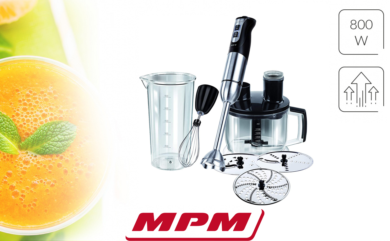 MPM MBL-03 Set Batidora de Mano Picadora y Varillas, con Accesorios, Acero Inoxidable, Función Turbo 400W, Libre de BPA