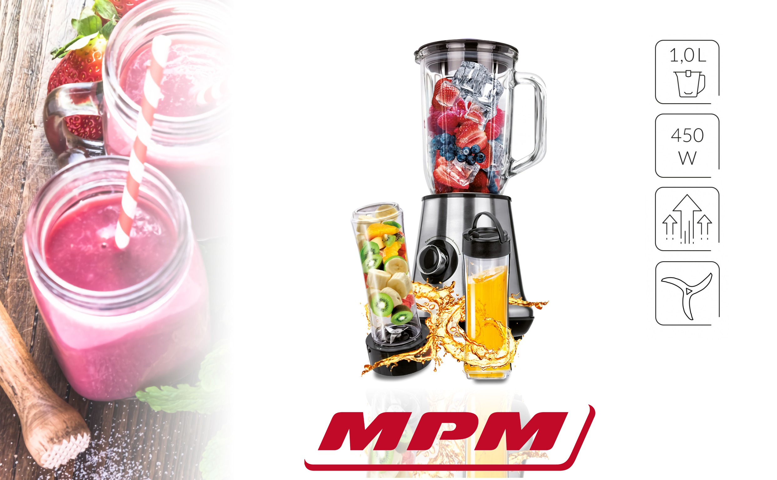 MPM MBL-15M Batidora Americana de Vaso 1L + 2 vasos Smothie To Go 600 ml, Pica Hielo, Función Pulso 450W