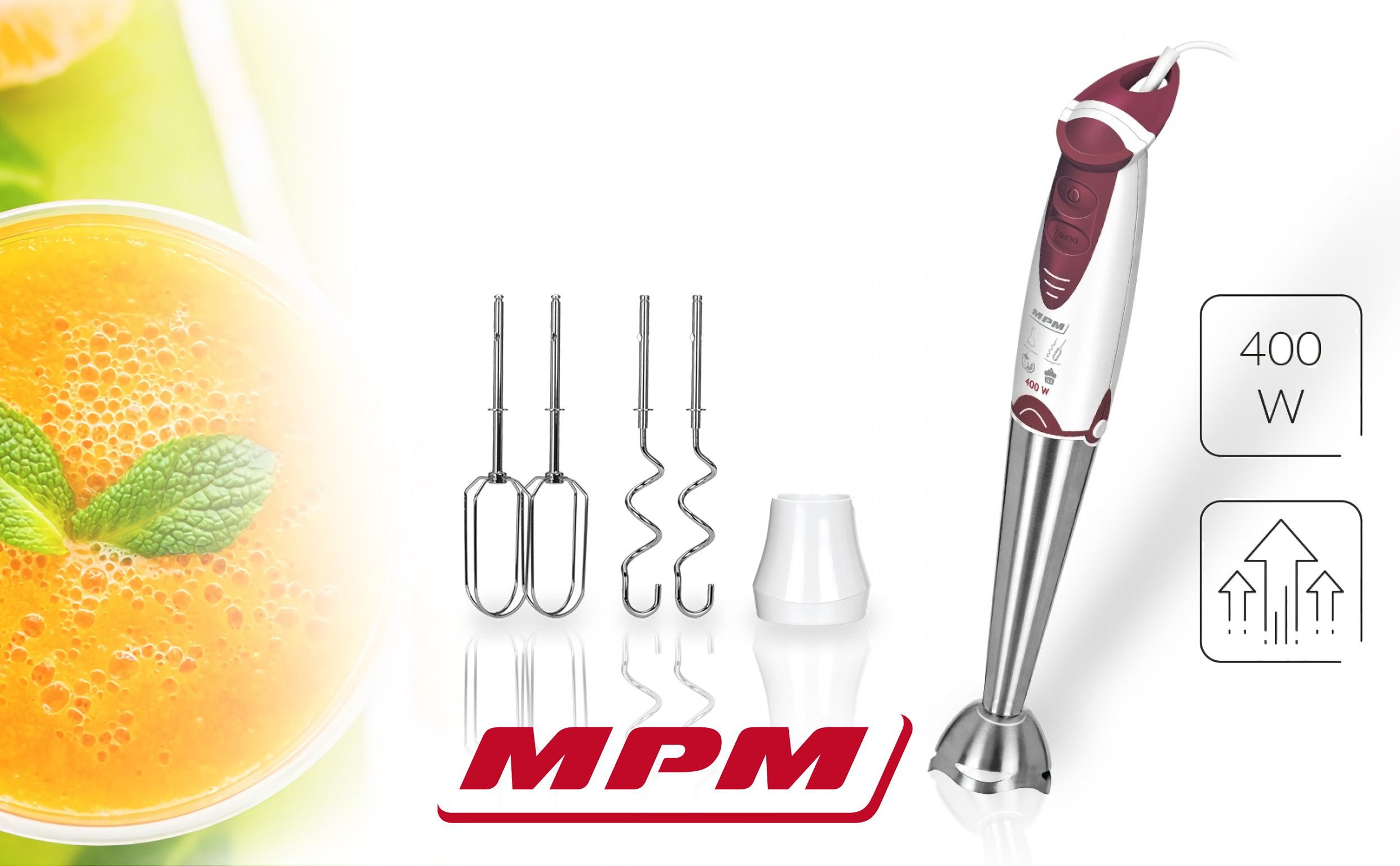 MPM MBL-16 Set Batidora de Mano de acero Inoxidable con Varillas para Repostería, para Batir, Montar o Mezclar, 3 en 1, Función Turbo, Ergonómico, 400W