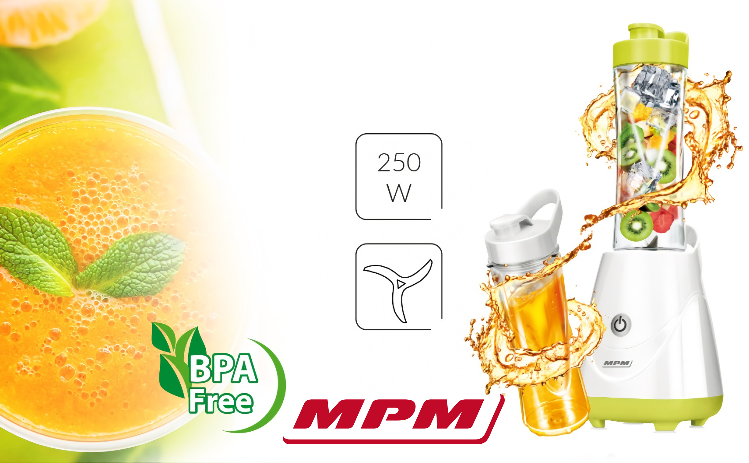 MPM MBL-20 Batidora de Vaso Good To Go, Licuadora Personal con 2 Botellas de 600 ml, Smothie, 250W, Libre de BPA