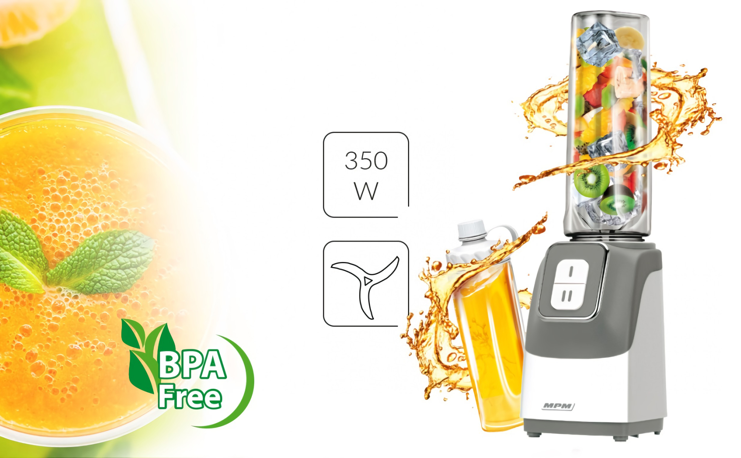 -MPM MBL-22 Batidora de Vaso Good To Go, Licuadora Personal con 2 Botellas de 600 ml, Smothie, 350W, Libre de BPA