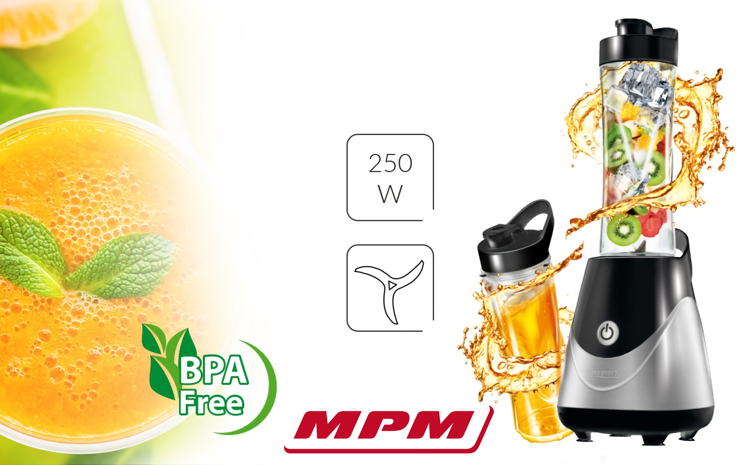 -MPM MBL-23M Batidora de Vaso Good To Go, Licuadora Personal con 2 Botellas de 600 ml, Smothie, 250W, Libre de BPA