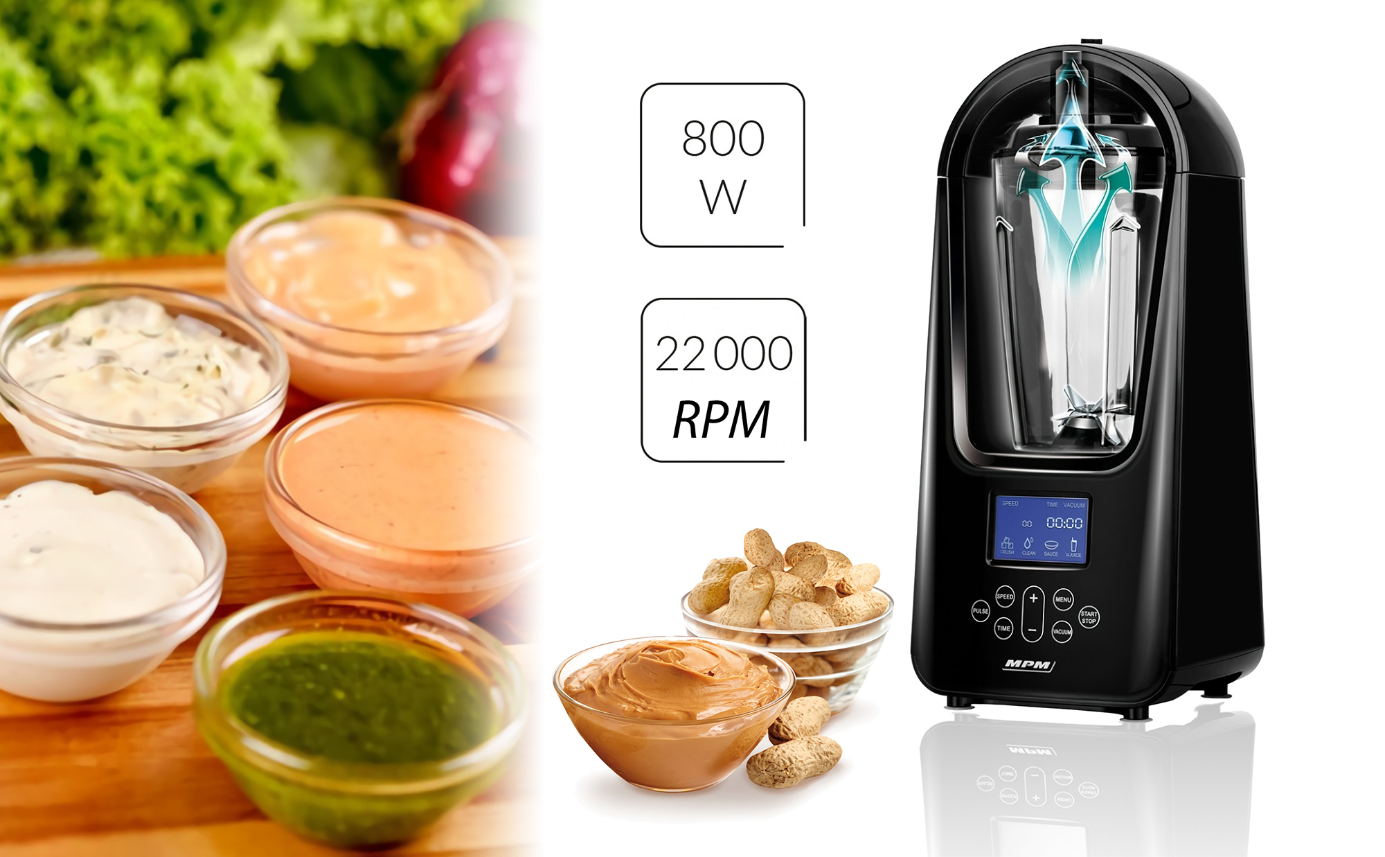 MPM de Vacío Americana de Vaso, Pantalla Tácti, Temporizador, Jarra de Tritán, 1,5 Litros, 22000 RPM, Triturar Hielo, 800W