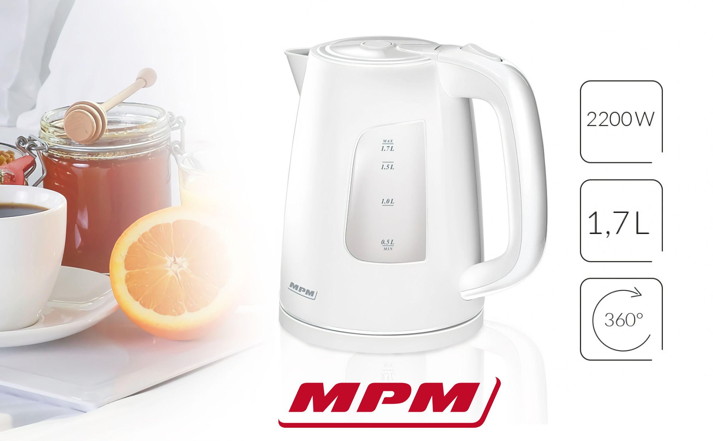 MPM MCZ-52 Hervidor De Agua Eléctrico Inalámbrico. 1,7 Litros, Base 360º, Retroiluminación , 2200w, blanco 