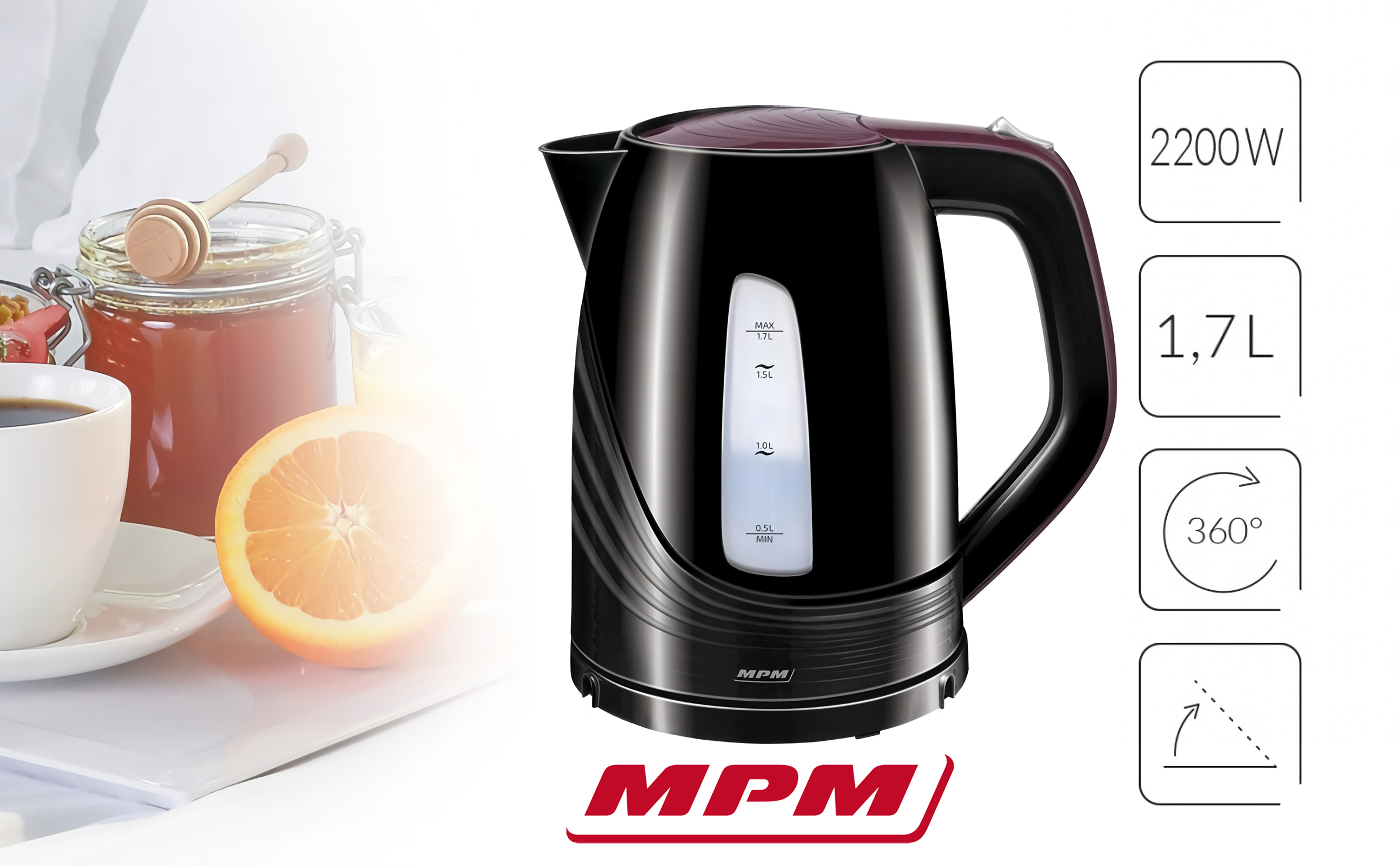 MPM MCZ-67 Hervidor De Agua Eléctrico Inalámbrico. 1,7 Litros, Filtro Anti cal, Base 360º, Protección en Seco, 2200w, Negro