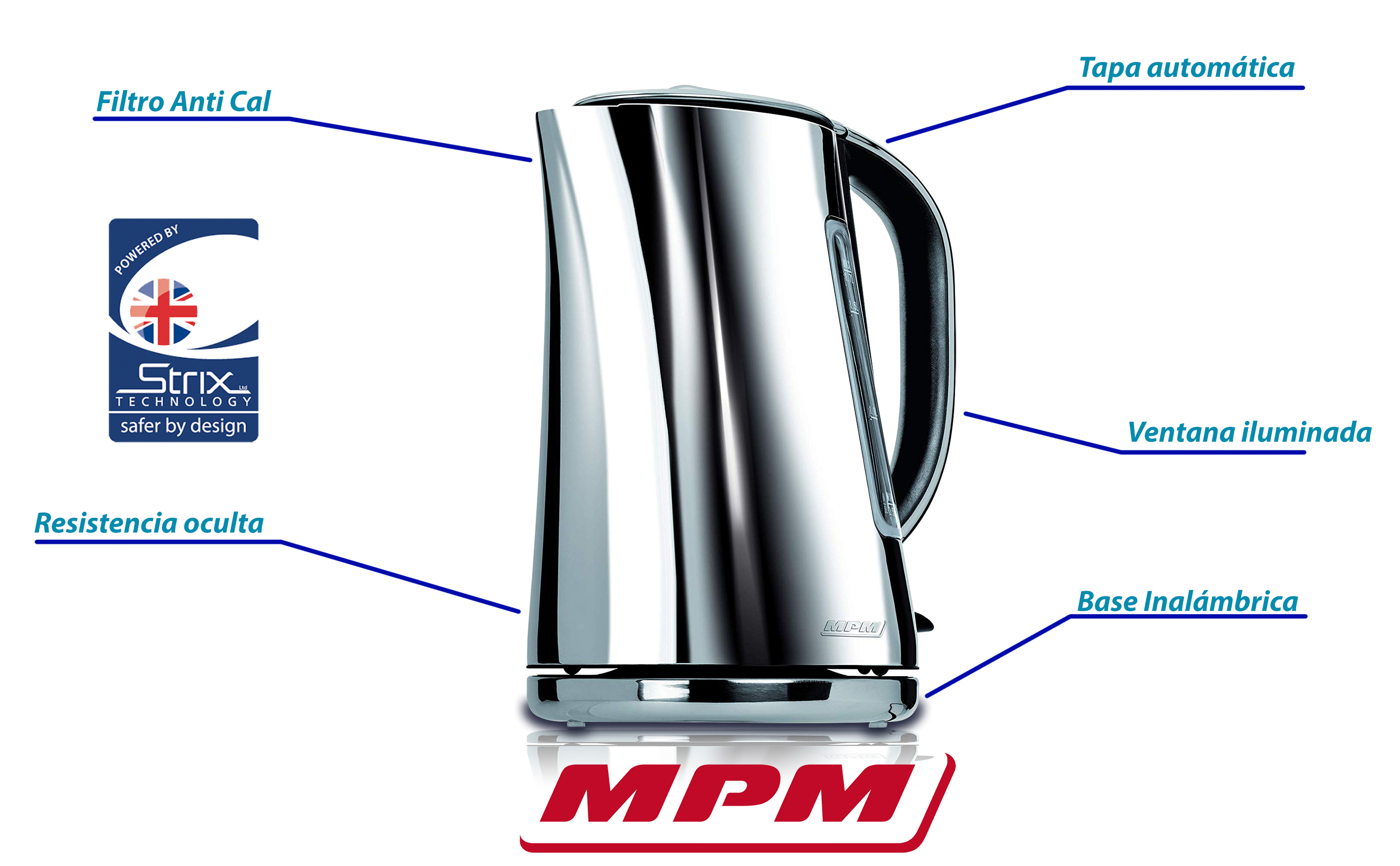 MPM MCZ-86 Hervidor Agua Eléctrico 1,7 Litros sin BPA, Resistencia